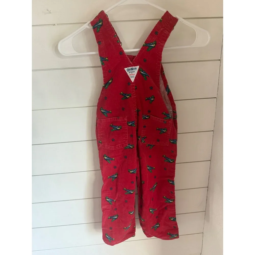 Vintage OshKosh‎ B'gosh Kids Red Corduroy Airplane Overalls Size 3T